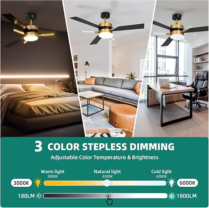 YITAHOME 60 inch Ceiling Fan with Light and Remote, Crystal Rod Design, Modern Fanlight with Reversible Quiet Motor, Black Gold Indoor Ceiling Fan with 3 LED Colors, Memory Function