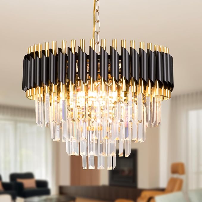 FRIXCHUR 20" Modern Crystal Chandelier 4 Tiers Black and Gold Chandelier Pendant Light 53" Long Chandeliers for Entryway Dining Room Living Room Hallway Foyer E12*7 (Exclud Bulbs)