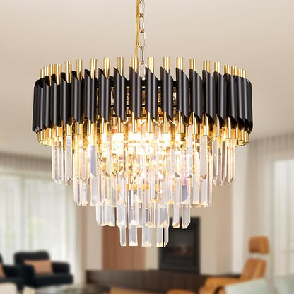 FRIXCHUR 20" Modern Crystal Chandelier 4 Tiers Black and Gold Chandelier Pendant Light 53" Long Chandeliers for Entryway Dining Room Living Room Hallway Foyer E12*7 (Exclud Bulbs)