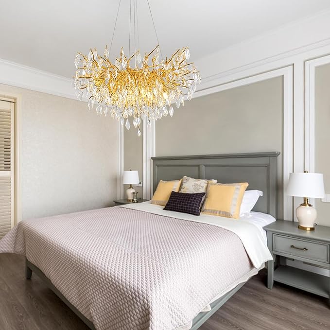 Crystal Chandelier for Dining Room, 24" Modern Living Room Light Fixture, Gold Tree Branch Chandeliers with 8-Light, Round Chandelier for Dining Table, Bedroom, Entryway, Bathroom, Foyer