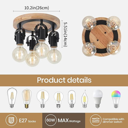 4-Light Round Flush Mount Ceiling Light，Adjustable Farmhouse Kitchen Track Light with Wood Base, Multi-Directional Dining Room Light for Island Hallway Entryway Bedroom.