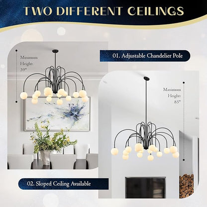 18 Lights Extra Large Sputnik Chandelier L59’’ Mid Century Black Milk Glass Globe Ceiling Pendant Light Fixture Contemporary for Foyer Staircase Living Dining Room High Ceiling