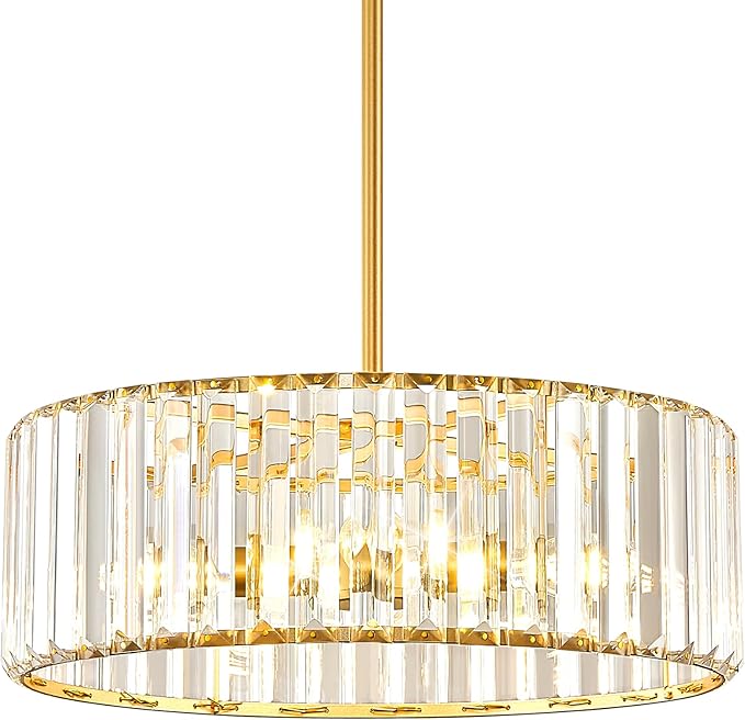 YURNYQ Gold Crystal Chandelier for Dining Room, 4-Light Modern Semi Flush Mount Chandelier Lighting Fixtures, Round Kitchen Hanging Drum Pendant Lights Ceiling for Bedroom Entryway Foyer, 15 Inch