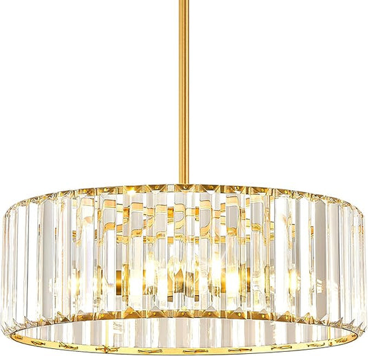YURNYQ Gold Crystal Chandelier for Dining Room, 4-Light Modern Semi Flush Mount Chandelier Lighting Fixtures, Round Kitchen Hanging Drum Pendant Lights Ceiling for Bedroom Entryway Foyer, 15 Inch
