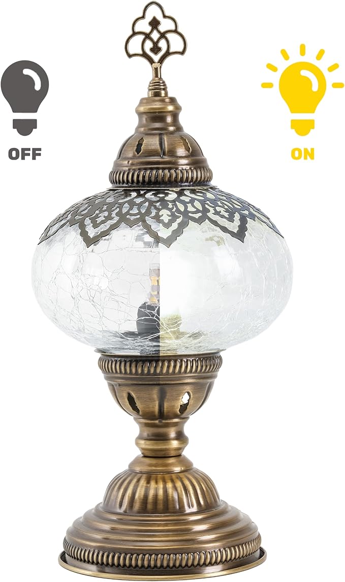 Cracked Clear Moroccan Mosaic Table Lamp – Handmade Turkish Glass, Light Bulb Included, Boho Chic Bedside & Living Room Accent