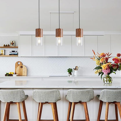 2-Pack Modern Pendant Lights for Kitchen Island, Adjustable Pendant Light Fixtures with Brown Wood Grain, Industrial Clear Glass Pendant Lights for Dining Table Hallway Bedroom Living Room