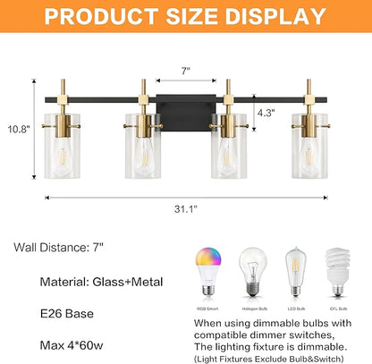 SOLFART Farmhouse Brass Bathroom Vanity Lights fixtures Over Mirror Vintage Bathroom Lighting Wall Sconce with Glass Shade 4 Lights