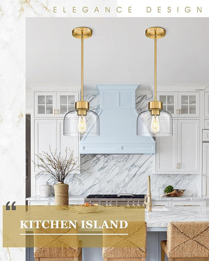2-Pack Pendant Lights Kitchen Island, 8" Brushed Gold Hanging Light Fixtures with Clear Glass Shade, Modern Brass Kitchen Pendant Lighting Over Island for Dining Room, AD-24024-1P2L-GD