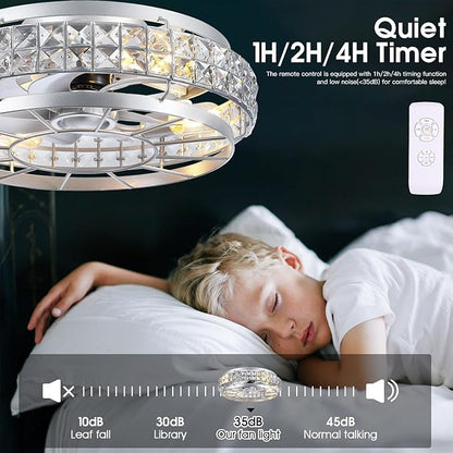 SHIHOT 18" Low Profile Crystal Ceiling Fans with Lights and Remote, Modern Flush Mount Fan, Reversible, 3-Speed, Quiet, Caged Ceiling Fan for Bedroom(Bulbs not included)