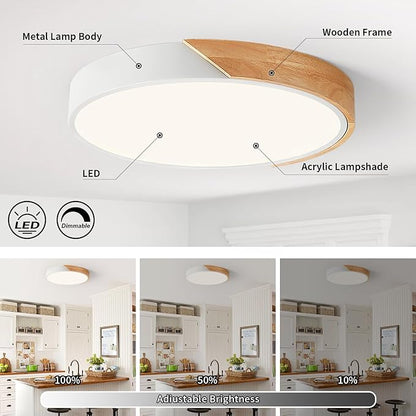 Modern Dimmable White LED Ceiling Light, 2700 K - 6000 K 5CCT Wood Flush Mount Ceiling Lighting Fixtures, Minimalist Round Ceiling Lamp for Living Room Bedroom Kitchen Hallway（15.8in）