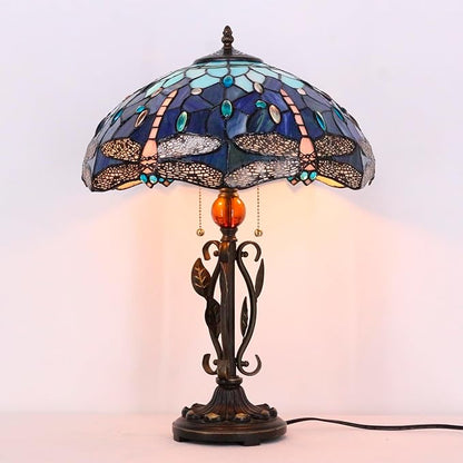 Tiffany Table Lamp Blue Dragonfly Stained Glass Desk Reading Light 16X16X24 Inch Metal Leaf Base for Bedroom Living Room Home Office