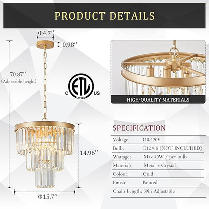 CATINER Gold Crystal Chandeliers 16" Modern 6-Light Small Pendant Light Luxury 3 Tiers K9 Crystal Ceiling Pendant Round Light Fixture for Dining Room Entryway Kitchen Bedroom Closet