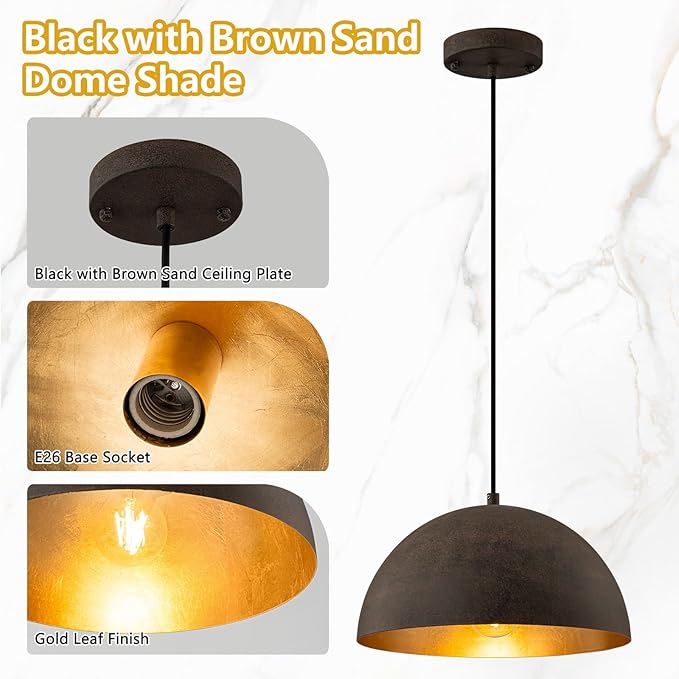 11.8" Farmhouse Pendant Light,Black with Brown Grain Industrial Dome Chandelier,Adjustable Vintage Pendant Lights Kitchen Island for Dining Room,Bedroom,Hallway
