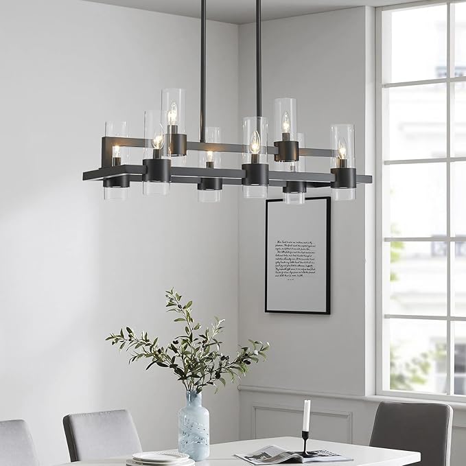 WUZUPS Island Rectangle Chandelier 8-Light with Clear Glass Industrial Modern Farmhouse Linear Light Fixture for Dining Room Kithen Island, Width 33.5" Height 12.6", Black