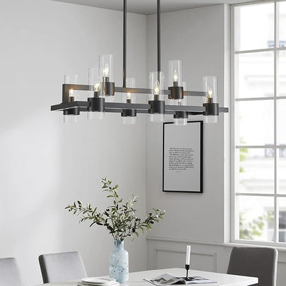WUZUPS Island Rectangle Chandelier 8-Light with Clear Glass Industrial Modern Farmhouse Linear Light Fixture for Dining Room Kithen Island, Width 33.5" Height 12.6", Black