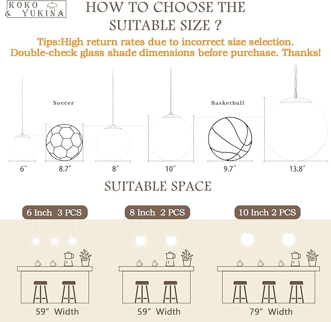 KoKo&Yukina 6-inch mini Modern Globe Pendant Light Opal Glass with Brass Finish Contemporary Mid Century Adjustable Hanging Light Fixture Mid Century Pendant Light for Living Room Bedroom Kitchen