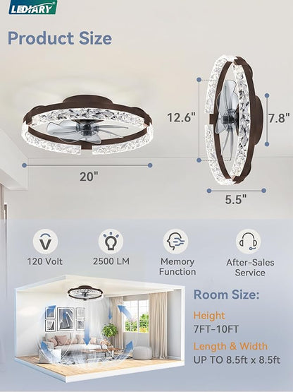 LEDIARY 2 Pack 20 Inch Ceiling Fans with Lights and Remote, Fandelier Modern Low Profile Ceiling Fan, 3000K-6000K Dimmable LED Fan Light, Brown Flush Mount Ceiling Fans with Lights for Bedroom