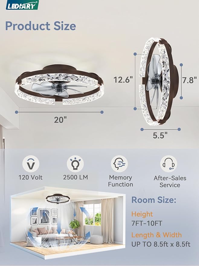 LEDIARY 20 Inch Low Profile Ceiling Fans with Lights and Remote, Fandelier Ceiling Fan Flush Mount, 3000K-6000K Dimmable LED Fan Light, Brown Modern Ceiling Fans with Lights for Bedroom