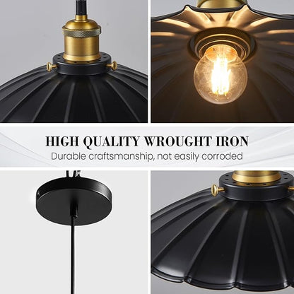 Black Pendant Light, 9.8 Inch Retro Hanging Lamp for Bedroom, Glossy Hanging Kitchen Lights Living Room 6.5Ft Height Adjustable Indoor Pleated Pendant Light