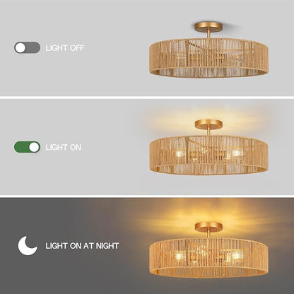 24" Natural Rattan Flush Mount Ceiling Light Fixture, 5-Light Gold Hand-Woven Wicker Boho Chandelier for Bedroom, Living Room, Dining Room, Kitchen, Rustic Lamp for Hallway and Entryway