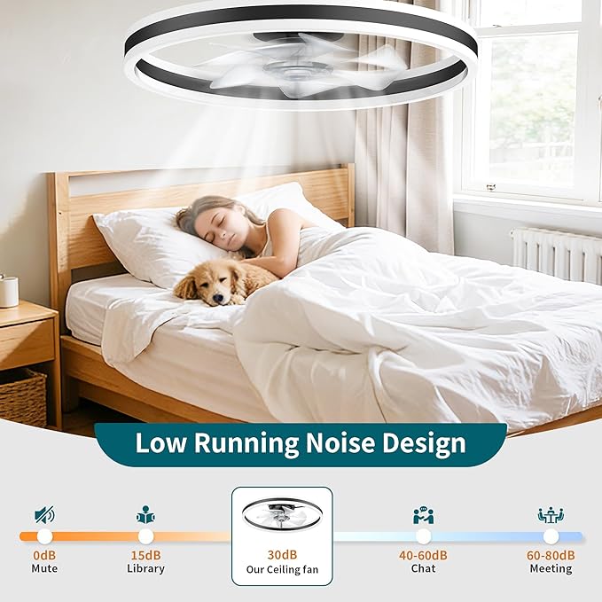 Ceiling Fans with Lights and Remote, 20" Low Profile Ceiling Fan, Dimmable Modern Flush Mount LED Fan Light, 6 Wind Speeds, Black Fandelier Ceiling Fans for Bedroom (Black)