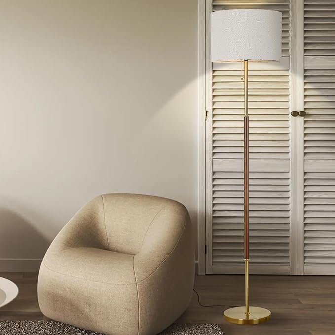 LALISU Wood Floor Lamp for Living Room Gold Traditional Farmhouse Floor Lamps Mid-Century Pole Lamp with Linen Lamp Shade, Standing Tall Floor Lamps for Bedrooms and Office (Gold)
