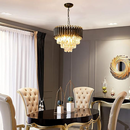 Modern Crystal Chandeliers 15.7”Gold Contemporary Crystal Ceiling Lights Fixtures 3-Tiers 5 Lights Black Round Chandelier Pendant Light Fixtures for Entryway Living Room Dining Room Bedroom