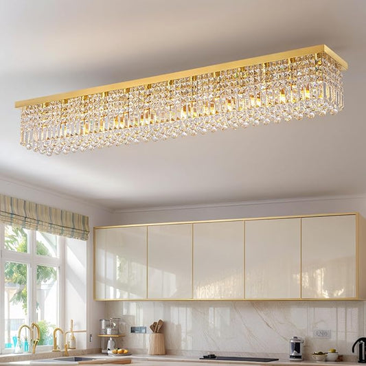 Siljoy 13-Light Modern Crystal Chandelier, Large Rectangular Gold K9 Crystal Raindrop Chandelier, Dimmable Flush Mount Crystal Ceiling Light for Dining Room Living Room Kitchen Island L59''
