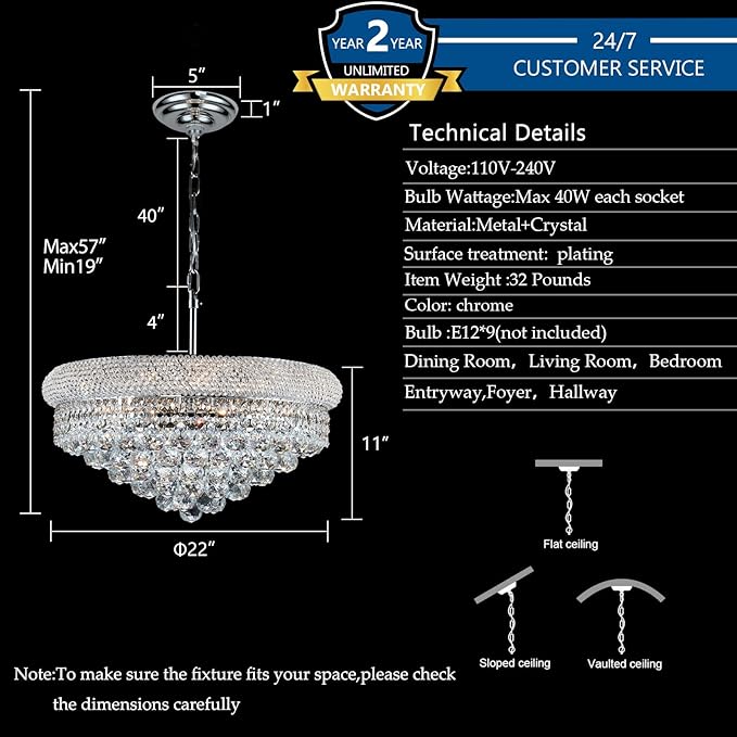 Crystal Chandeliers for Dining Room Light Fixtures Over Table, Empire Style k9 Crystal Chandelier for Bedroom, 9 Lights Chrome Luxury Lighting Fixtures for Living Room Kitchen lsland Entryway D22 Inch