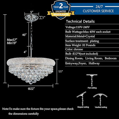 Crystal Chandeliers for Dining Room Light Fixtures Over Table, Empire Style k9 Crystal Chandelier for Bedroom, 9 Lights Chrome Luxury Lighting Fixtures for Living Room Kitchen lsland Entryway D22 Inch