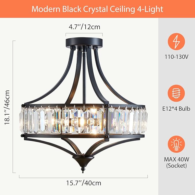 Black Crystal Chandelier Semi Flush Mount Ceiling Light Fixture Round Rustic Farmhouse 4-Light Mid Century Modern Chandelier for Hallway, Bedroom, Foyer, Entryway, Closet