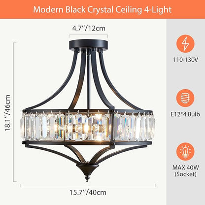 Black Crystal Chandelier Semi Flush Mount Ceiling Light Fixture Round Rustic Farmhouse 4-Light Mid Century Modern Chandelier for Hallway, Bedroom, Foyer, Entryway, Closet