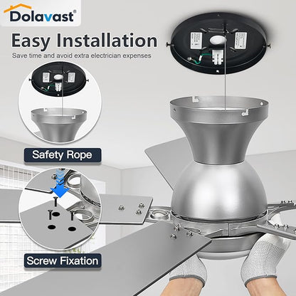Ceiling Fans with Lights, 52 Inch Low Profile Ceiling Fan with Light and Remote Control, Flush Mount, Reversible, 3CCT, Dimmable LED, Quiet, Nickel Ceiling Fan for Bedroom, Living Room