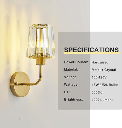 KARTOOSH Hardwired Crystal Wall Sconces Set of Two - Dimmable Wall Light Fixtures 3000K, Warm White, for Hallway, Bathroom, Living Room, Bedroom, Brass, 13 Inch