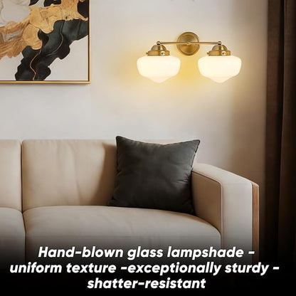 2 Light Bathroom Vanity Light, Bathroom Light Fixture with Milky White Glass Shade and Matte Brass Finish, Vanity Lights for Bathroom, Brushed Gold Vanity Light