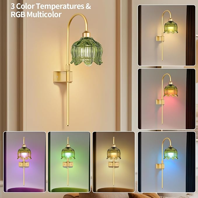ZECOXOL Glass Battery Operated Wall Sconces Set of Two,Wireless Flower Battery Wall Light with 5000mAh RGB Dimmable Bulb and Remote, Rechargeable Wall Lamp Sconce for Bedroom Living Room Hallway