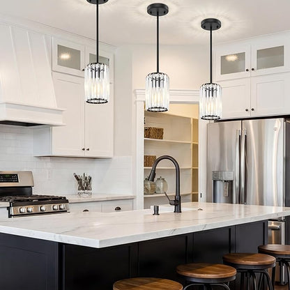 Black Pendant Light, Modern Crystal Pendant Lights Kitchen Island, Kitchen Island Lighting with Adjustable Height, UL Certified Island Lights for Kitchen Dining Room Bedroom Hallway 3 Pack