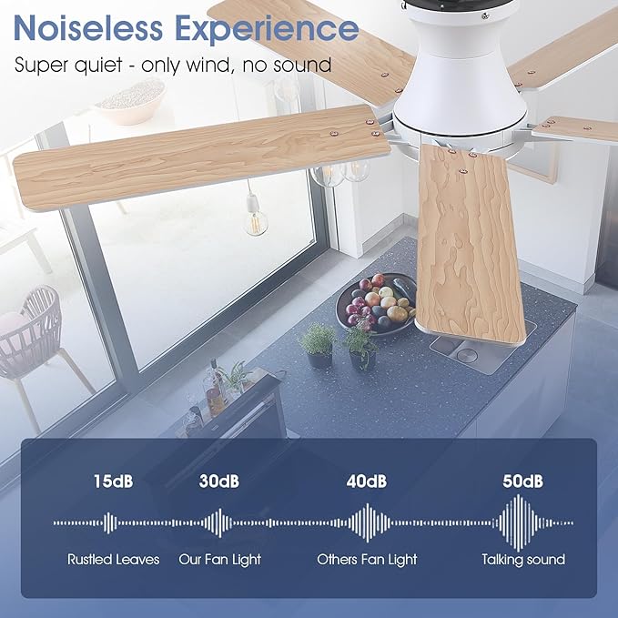52" White Low Profile Ceiling Fans with Lights,Modern Flush Mount Ceiling Fans with Reversible DC Motor,Dimmable 3 Colors 6 Speeds