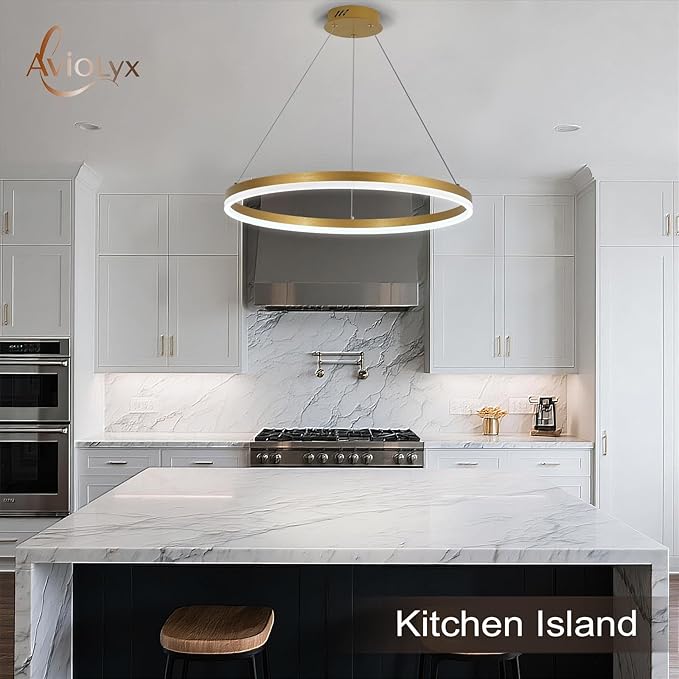 Modern LED Chandelier Gold High Ceiling Ring Chandeliers with Remote Control Circular Pendant Light Dimmable for Dining Room Living Room Bedroom Hallway Kitchen Island(3000K-6500K D23.6)