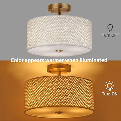 13" Boho Rattan-Style Semi Flush Mount Ceiling Light Fixture, 3-Light Modern Fabric Shade Drum Lamp, White Rustic Lighting for Bedroom, Kitchen, Dining Room, Living Room, Hallway, Entryway