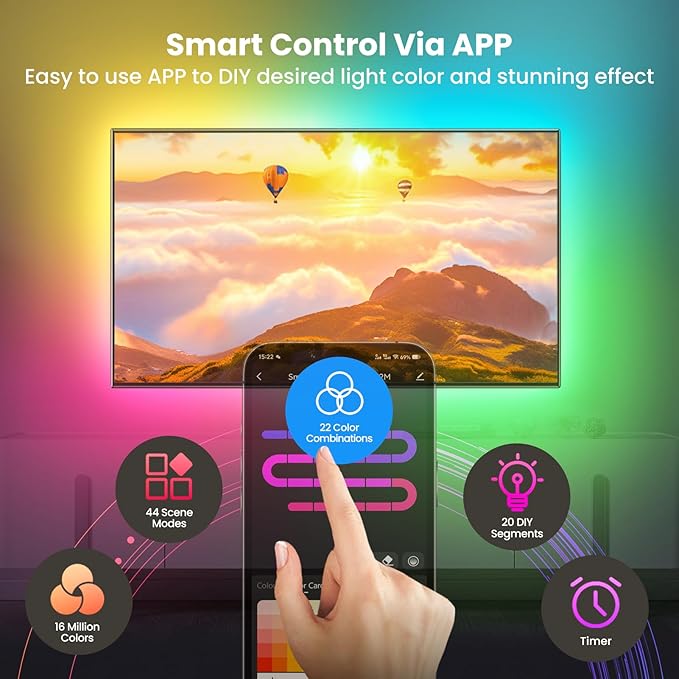 26.25ft LED Lights for 75-100 Inch TV, RGB+IC TV Lights Backlight Strip Behind, with 44 Scene Modes, Bluetooth APP and Voice Control, Music Sync Smart Ambient Lighting for Gaming, Bedroom, Living Room