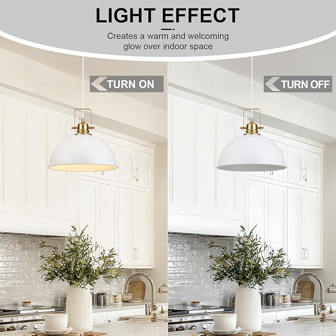 Farmhouse Pendant Light, 13.8" White Pendant Light Kitchen Island with Adjustable Cord, Vintage Dome Hanging Lights for Dining Room Cafe Bar Hallway Worktops, M, 2 Pack
