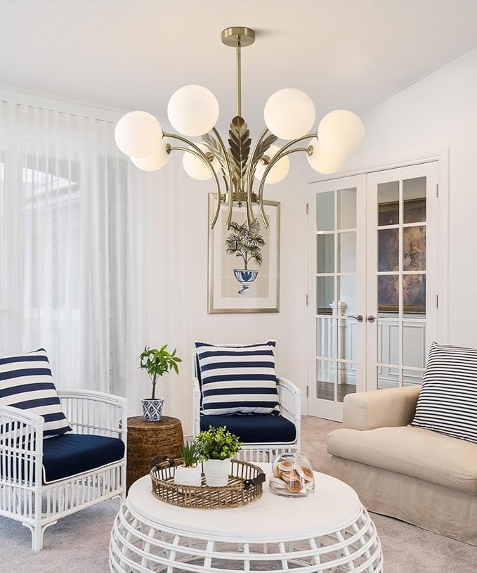 BOKT Gold Semi Flush Mount Ceiling Light Fixture 8 Ball Brass Milk Glass Sphere Sputnik Farmhouse Chandelier Hanging Kitchen Lights for Bedroom Living and Dining Room