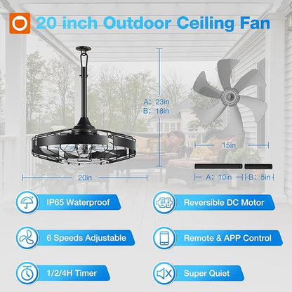 addlon 20 Inch Outdoor Ceiling Fan without Light, IP65 Waterproof Plug in Caged Hanging Fan, Remote Control, 6 Speeds Reversible Outdoor Fans for Patio, Gazebo, Pergola, Porch
