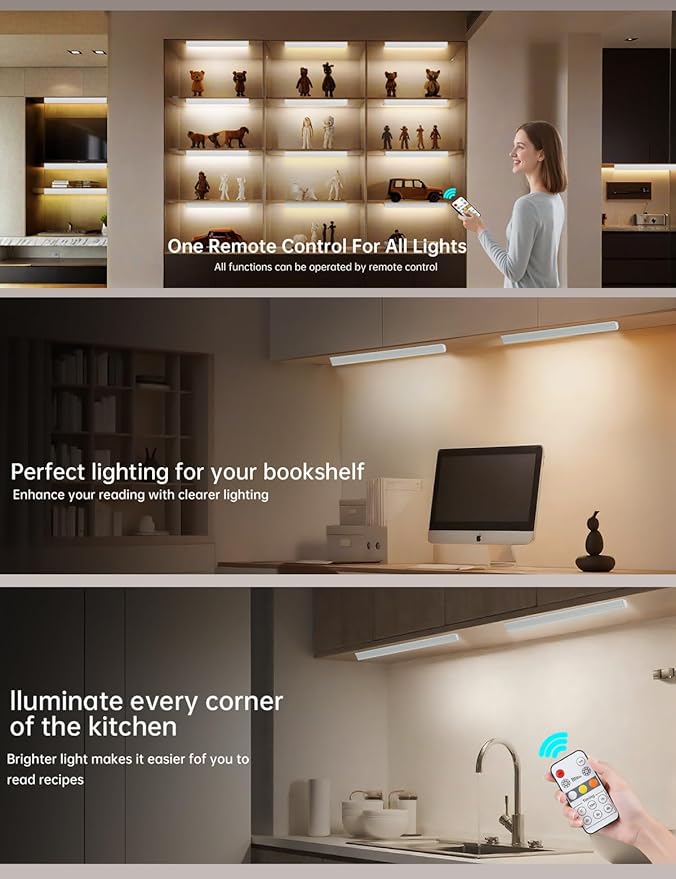 LED Under Cabinet Lighting Wireless, 2400mAh Rechargeable Cabinet Light, Battery Operated, Display Cabinet Lights, Stick on, 3-Color Shelf Lights, dimmable, with Remote Control(White, 2-Pack 12.2inch)