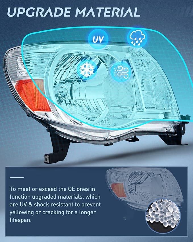Nilight Headlight Assembly for 2005 2006 2007 2008 2009 2010 2011 Toyota Tacoma Replacement Headlamp Chrome Housing Amber Reflector