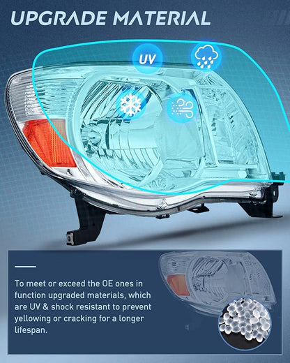 Nilight Headlight Assembly for 2005 2006 2007 2008 2009 2010 2011 Toyota Tacoma Replacement Headlamp Chrome Housing Amber Reflector