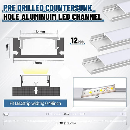 Glooglitter 12 Pack 3.3ft Pre-drilled Countersunk Hole LED Channel Diffuser U Light Strip Aluminum Track with Cover Screw End Cap Easy Cut Tight Flush Mounted Cabinet Tape Light Strip(Milky White)