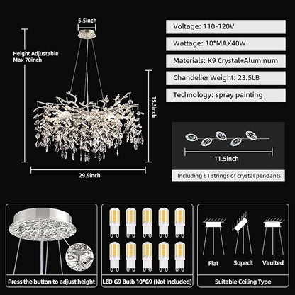 Modern Tree Branch Crystal Chandelier 30" Sliver Luxury Large Pendant Lighting 10-Light Contemporary K9 Crystal Chandeliers for Dining Room Kitchen Living Room Foyer Entryway (Sliver, D30"-Round)