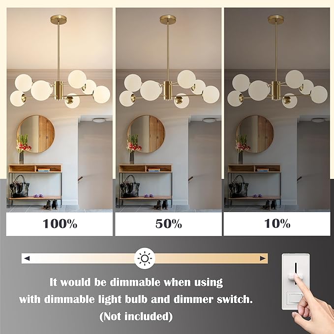 Bagood 8-Light Globe Sputnik Chandelier Gold Mid Century Modern Light Fixture Brushed Brass Finished with White Frosted Globe Glass Lampshade Sputnik Chandeliers for Dining Room Kitchen Island Bedroom